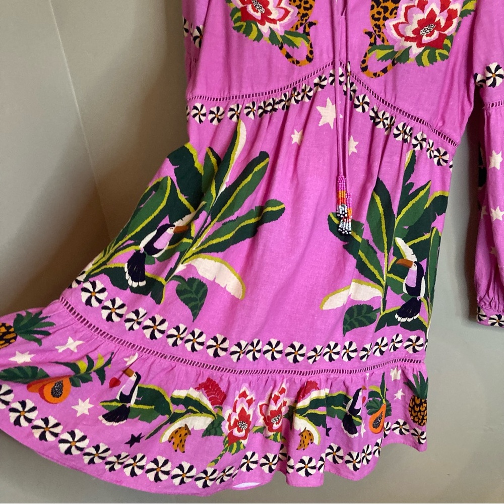 NEW FARM Rio Pink Leopard Forest Mini Dress Linen Blend Beaded Tassels Flowy XL - Picture 13 of 15